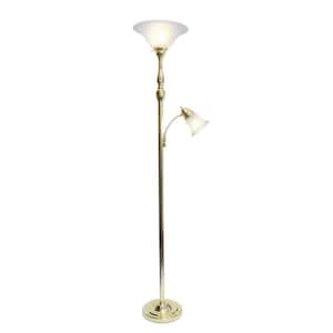 2-Light 71 in. Mother Daughter Gold Floor Lamp with White Marble Glass Shade