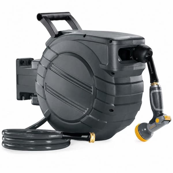 5/8in x 90ft PVC Reinforced Retractable Garden Hose Reel, Wall Mount, UV/Freeze-Proof, 9-Spray Nozzle
