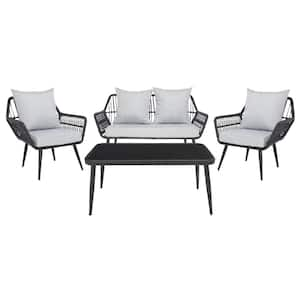 Elsbeth Black 4-Piece Wicker Patio Conversation Set with Gray Cushions