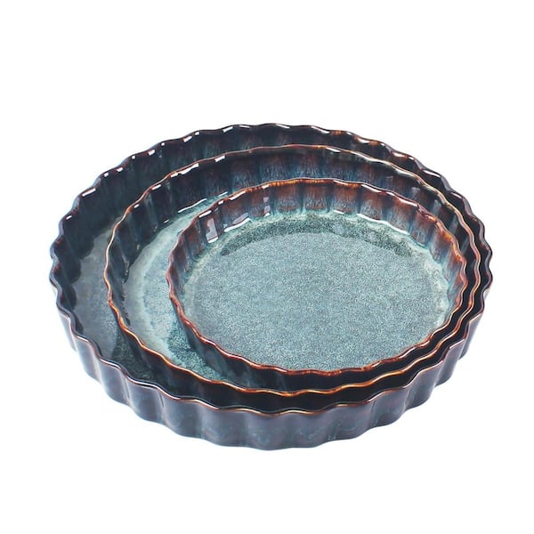 Grooved Round Ceramic Pie Pan Set 8 in 9.75 in 11.5 in Black Nesting Baking Dishes 3 Piece