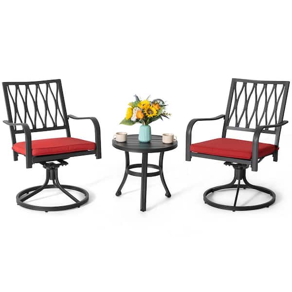 Black 3-Piece Iron Metal Round Outdoor Bistro Set with Red Cushions and Swivel Design