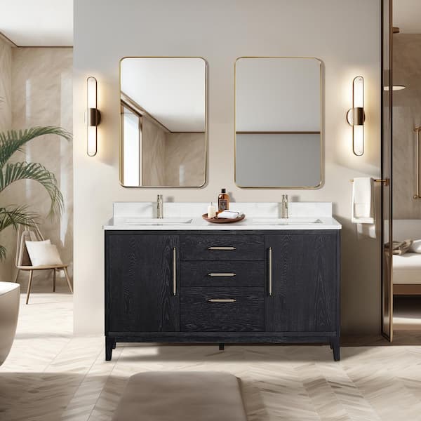 ROSWELL Gara 60 in. W x 22 in. D x 33.9 in. H Double Sink Bath Vanity in Fir Black with White Grain Composite Stone Top