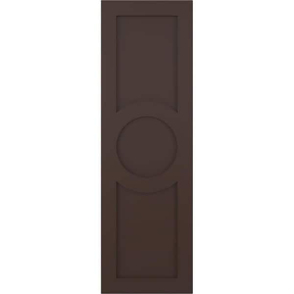 Ekena Millwork True Fit 12 in. x 33 in. PVC Center Circle Arts and Crafts Fixed Mount Flat Panel Shutters, Raisin Brown (Per Pair)