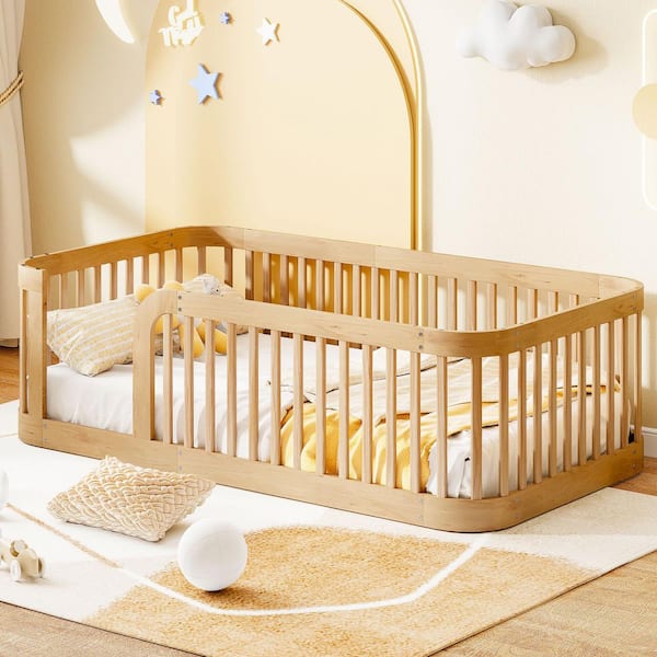 Natural Wood Frame Twin Size Platform Bed with Fence