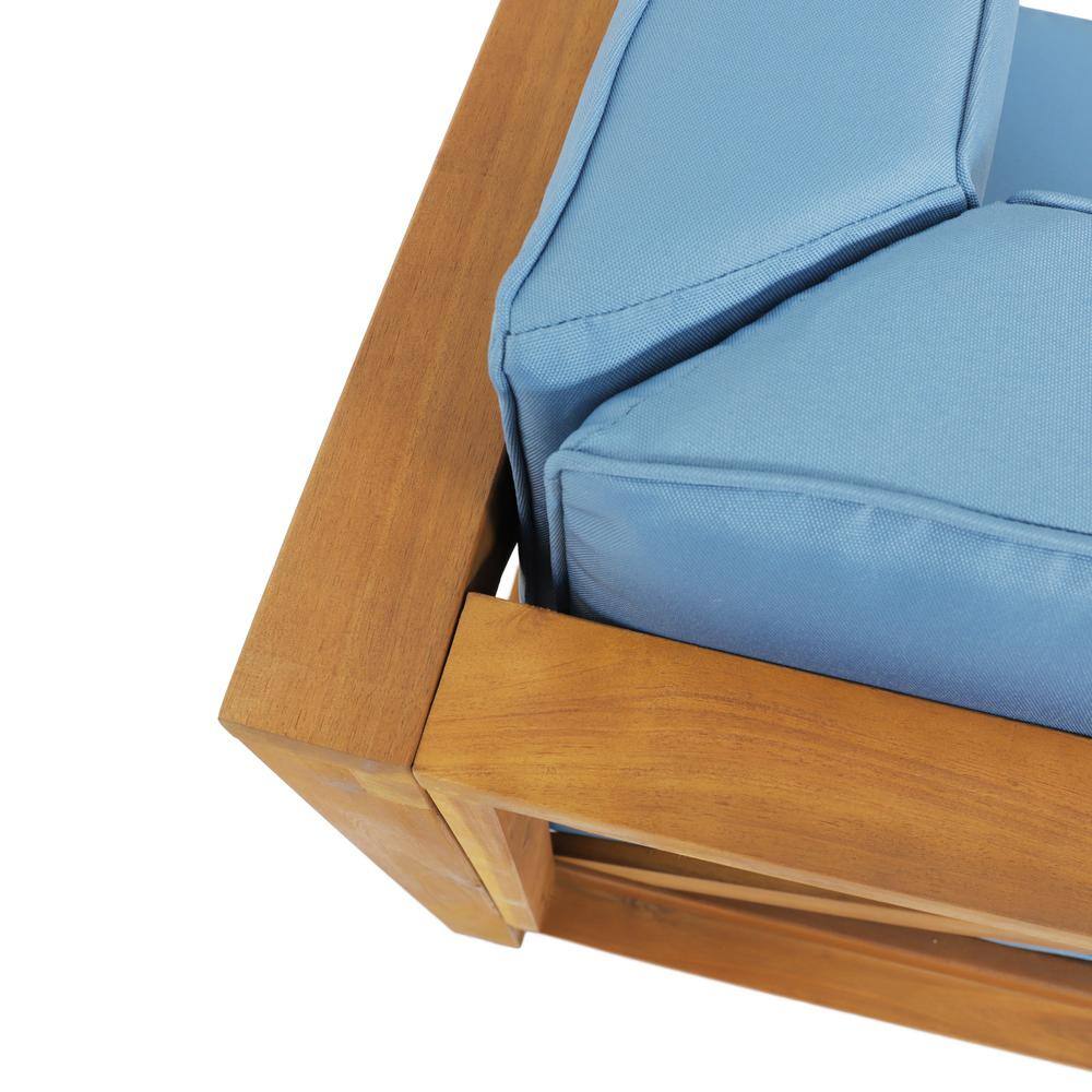 Teak Brown 5-Seater Acacia Wood Outdoor Sectional Sofa with Blue Cushions