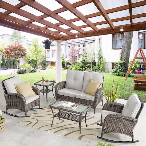 Gymojoy Carlos 5-Piece Wicker Patio Coversation Set with Blue Cushions