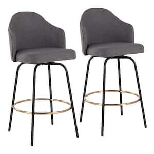 Ahoy 37 in. Grey Fabric & Black Metal Counter Height Bar Stool with Round Gold Footrest (Set of 2)