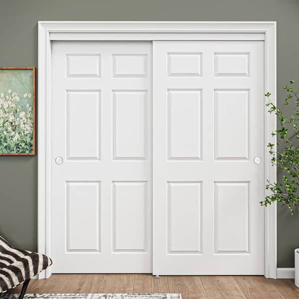 72 in. x 80 in. 6-Panel White Primed MDF Composite Sliding Door with Hardware