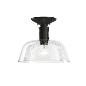 Literary 12 in. 1-Light Black Hallway Farmhouse Semi-Flush Mount Ceiling Light with Clear Seeded Glass Shade