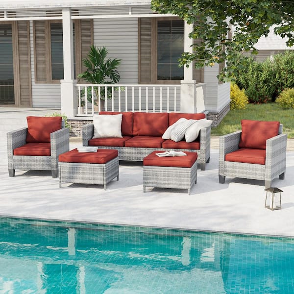 5-Piece Outdoor Patio Conversation Set Widened Back and Arm Gray Rattan Three-Seat Sofa Two Ottomans, Rust Red