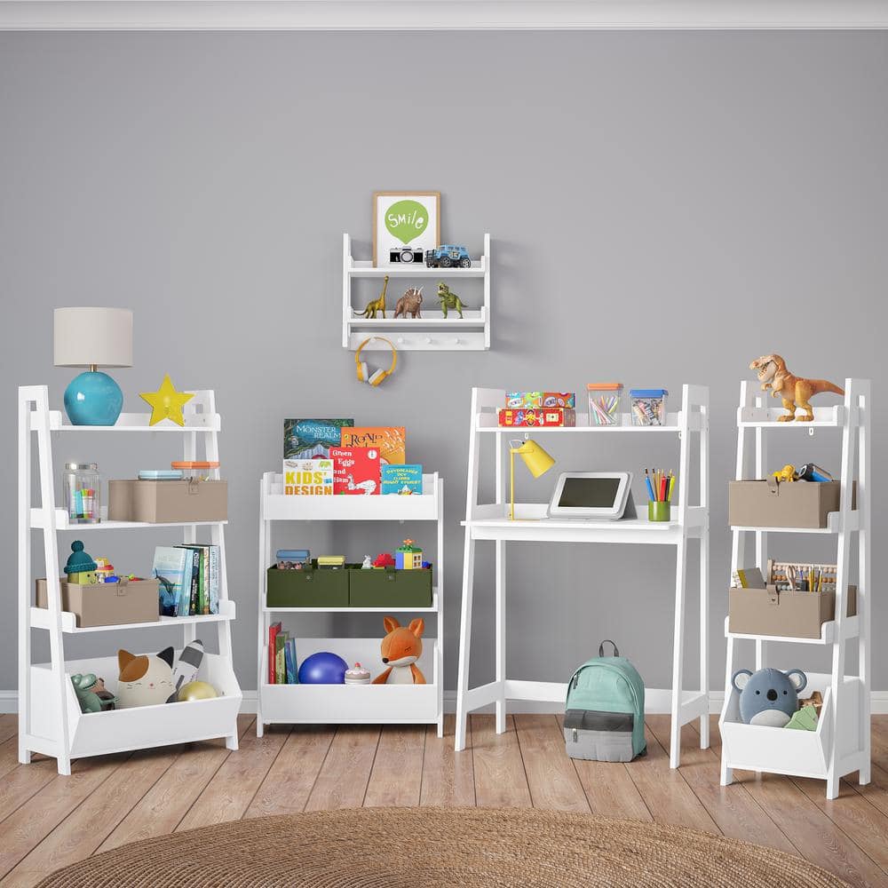 White and Olive Kids 4-Tier Ladder Shelf with Toy Organizer