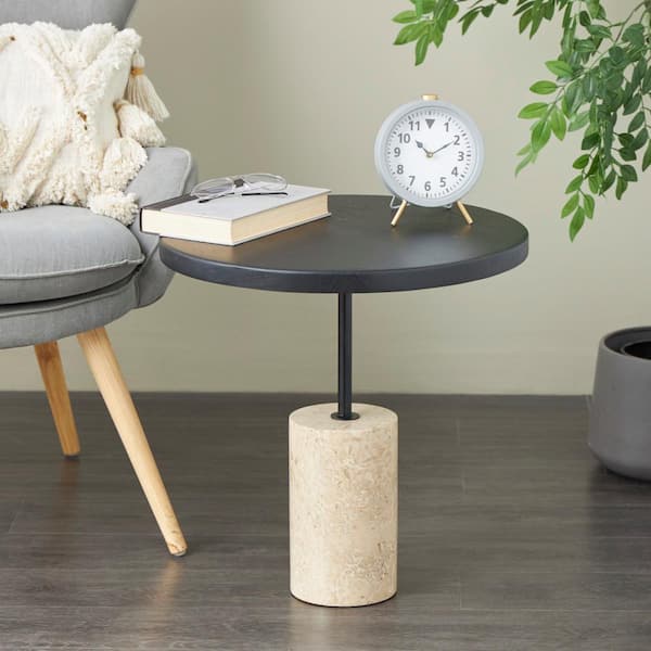 Litton Lane 20 in. Black Geometric Large Round Wood End Table with Ivory Marble Base
