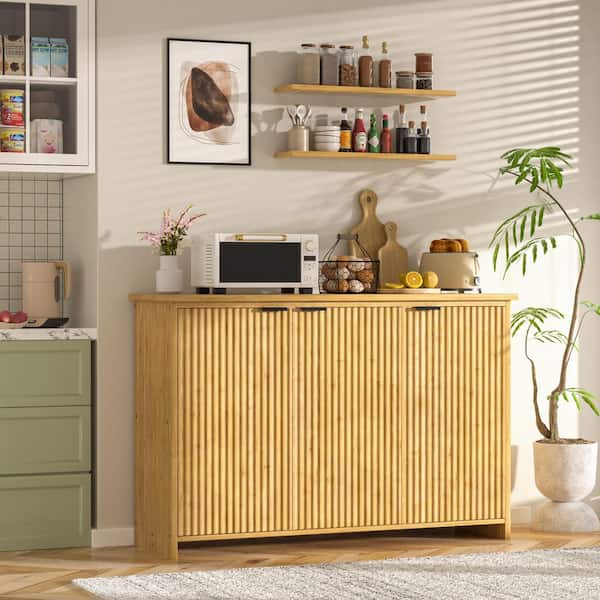 VEIKOUS 47.4 in. W Bamboo Sideboard Buffet Accent Storage Cabinet with Fluted Doors, Yellow