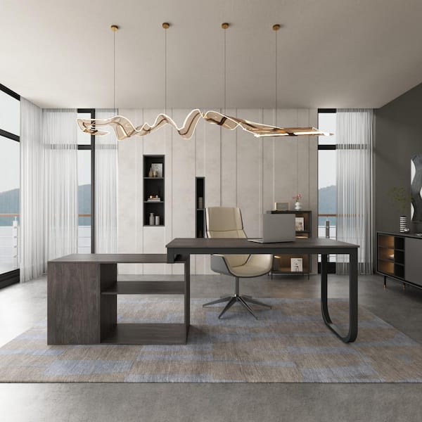 FUFU&GAGA 55.1 in. L-Shaped Gray Wood Computer Desk Writing Desk Office Executive Desk W/Removable Tabletop, Shelves, 3-Drawers