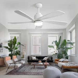 52 in. Indoor/Outdoor Smart Downrod White Wood Ceiling Fan with LED Light and APP Remote Control