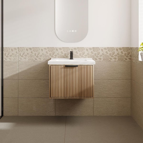 VLeaf 24 in. W x 19 in. D x 19 in. H Single Sink Wall Hung Bath Vanity Cabinet in Weather Firwith White Ceramic Top