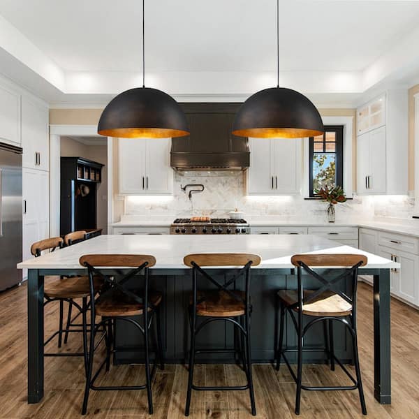 PCover Industrial 23.6 in. 1-Light Black Dome Pendant with Hand-Applied Gold Leaf Interior Kitchen Island Lighting
