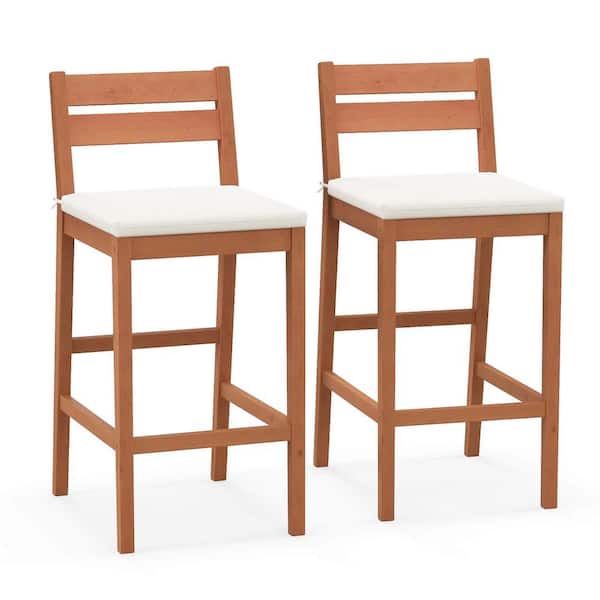 Costway Wood Outdoor Bar Stool with Off White Cushion (2-Pack)