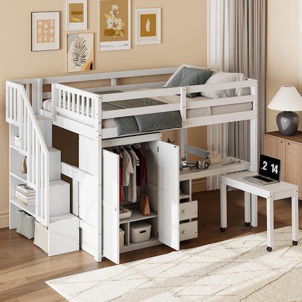 Multifunctional White Full Size Wood Loft Bed with Stairs, Bookshelf, Drawers, Desk, Wardrobe