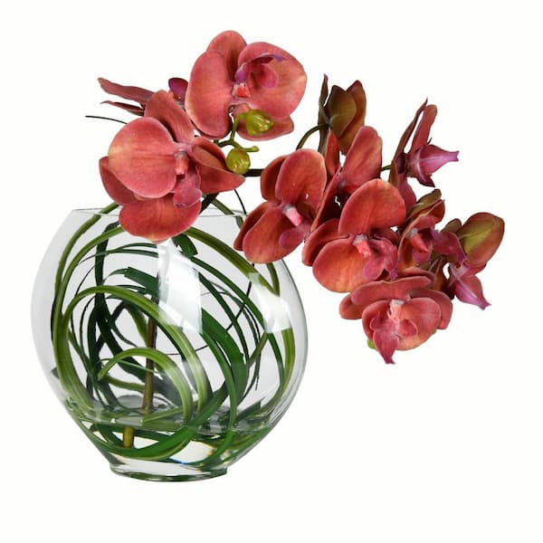 Vickerman 9 .8 in. Purple Artificial Butterfly Orchid Floral Arrangement in Glass Pot