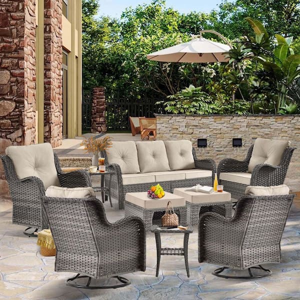 kuurfuurdo Gray 9-Piece Wicker Outdoor Patio Conversation Set Swivel Rocking Chairs with Beige Cushions and Ottomans