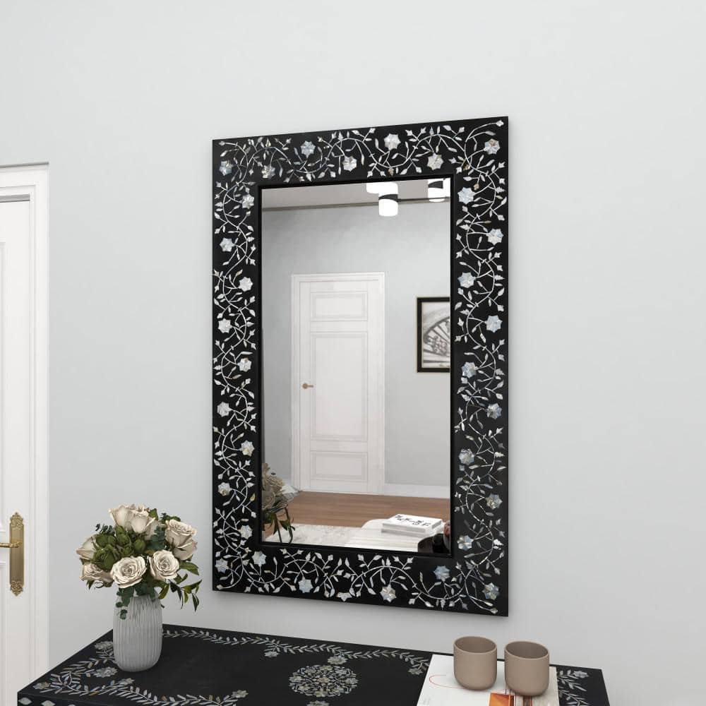 Rectangular Black Wood Wall Mirror with Floral Inlay