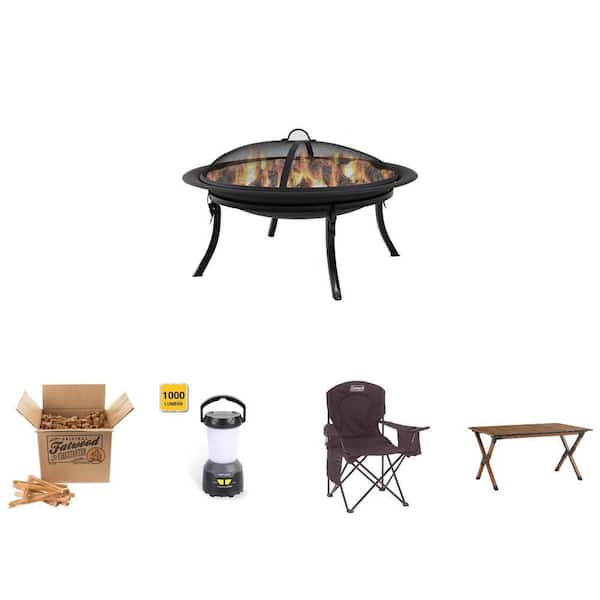 29 in. x 24 in. Fire Pit, 10 lbs. Fatwood, 1000 Lumen LED Lantern, Cooler Chair and Folding Table Combo