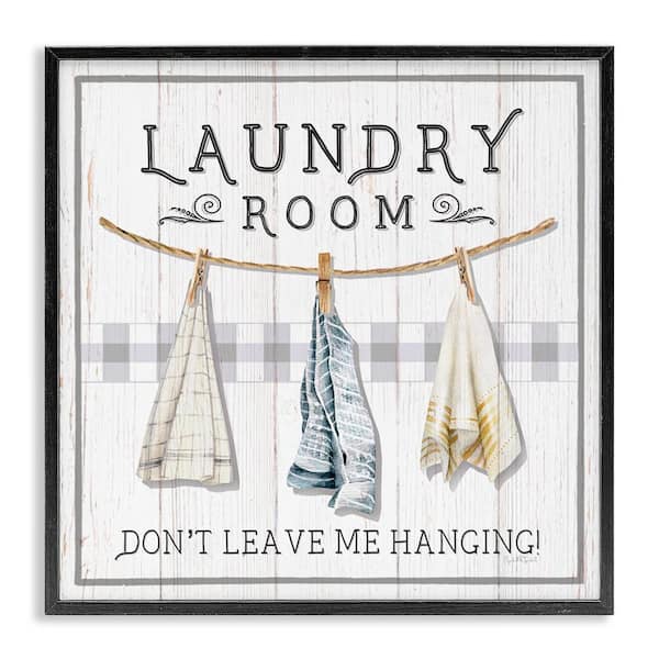 Laundry Room Hanging Towels by Elizabeth Tyndall Black Framed Giclee Art Print Typography 12 in. x 12 in.