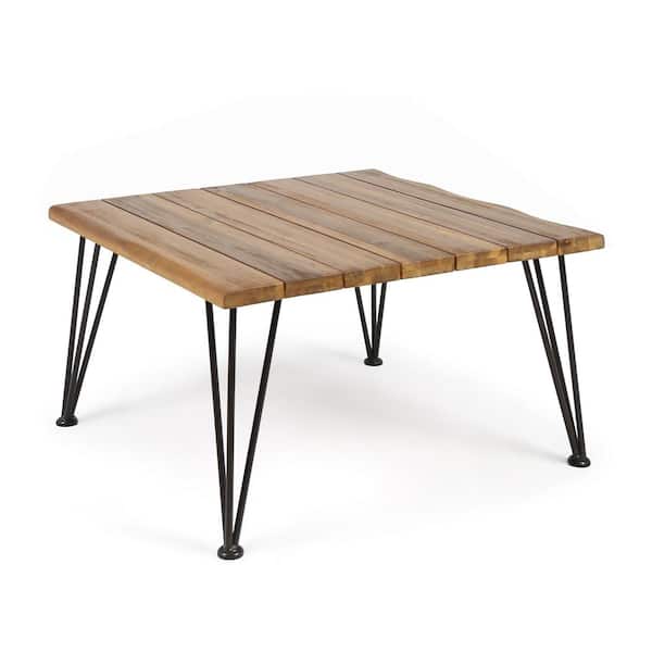 Zeus & Ruta 32.50 in. W x 32.50 in. D x 18.00 in. H Teak Brown Wood and Metal Coffee Table with Square Wood Top for Garden Patio
