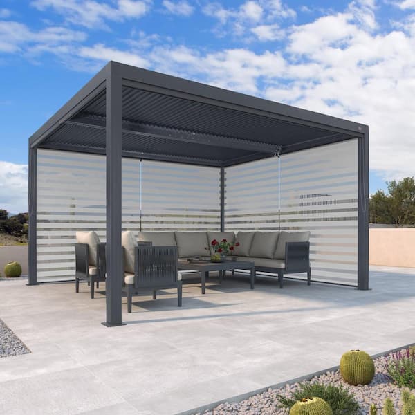 PURPLE LEAF 10 ft. x 13 ft. Gray Aluminum Frame Louvered Pergola with Adjustable Sunshade Roof and 1-Long 1-Short Side Roller Shades