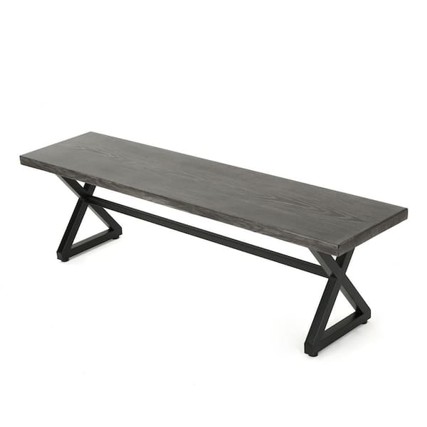 Aluminum Outdoor Dining Bench Ottoman with Steel Frame, Grey/Black-63 in. Modern Industrial Patio Seating