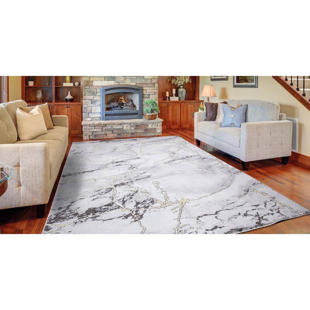Gray and White Marble Abstract Area Rug with Gold Accents