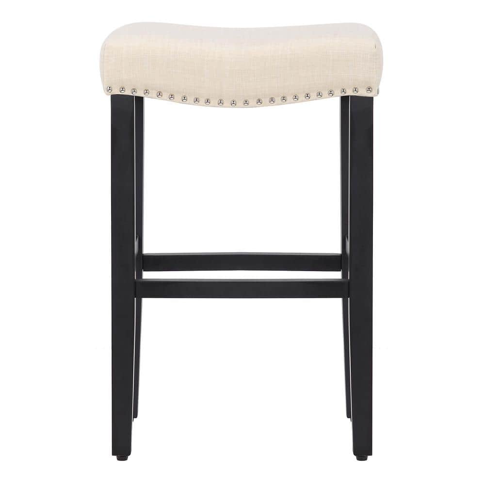 29" Black and Beige Saddle Style Wooden Barstool with Nailhead Trim