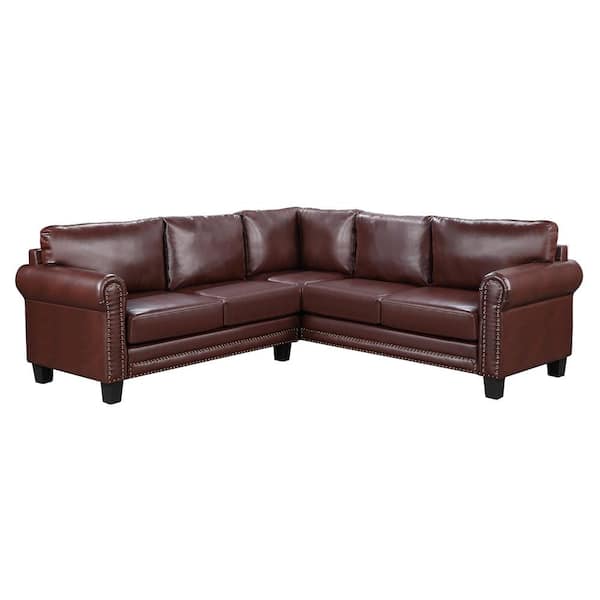 Unbranded 86 in. W 2-Piece PU Leather L-Shaped Mid-Century Sectional Sofa in Brown with Scroll Arms and Rivet Ornament