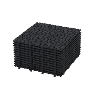 12 in. Black Plastic Interlocking Deck Tiles, Pebble Stone Pattern All Weather Anti-slip Outdoor Deck Tiles, 12-Pack