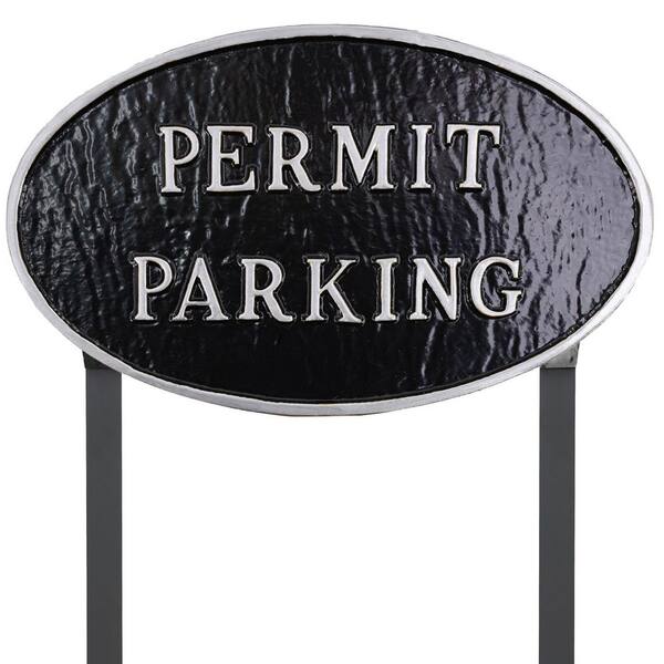 10 in. x 18 in. Large Oval Permit Parking Statement Plaque Sign with Lawn Stakes - Black/Silver