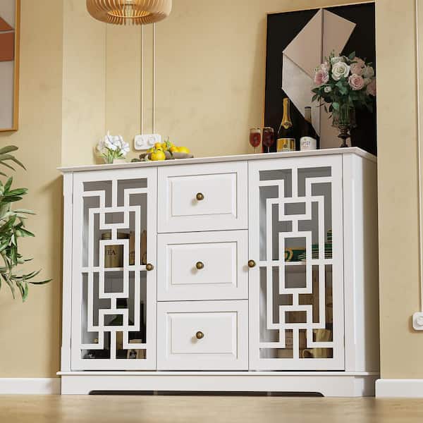 FUFU&GAGA White Wooden Food Pantry, Sideboard, Storage Cabinet, Wine Cabinet with Shelves And 3 Drawers