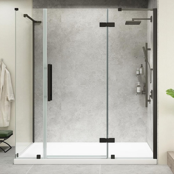 Breeze 32 in. L x 32 in. W x 76.97 in. H Corner Shower Kit with Clear  Framed Sliding Door in Satin Nickel and Shower Pan