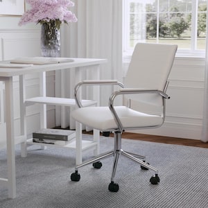 Piper Faux Leather Adjustable Height with Wheels Office Chair in White Faux Leather/Polished Nickel with Arms