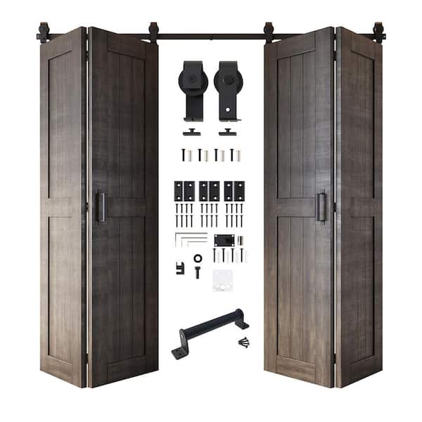 26 in. x 84 in. 5-in-1 Design Ebony Solid Core Double Pine Wood Bi-fold Door with T-Shape Roller Hardware Kit