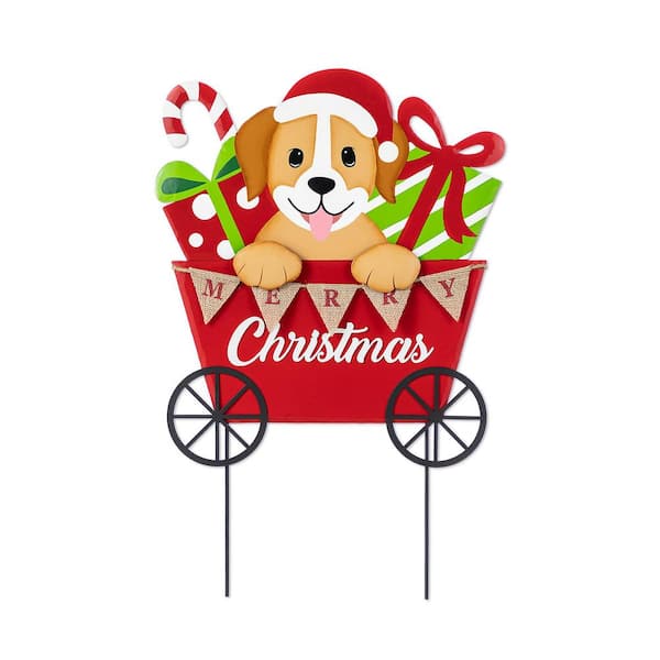 24 in. H Metal Christmas Dog and Gift Cart Yard Stake (KD)