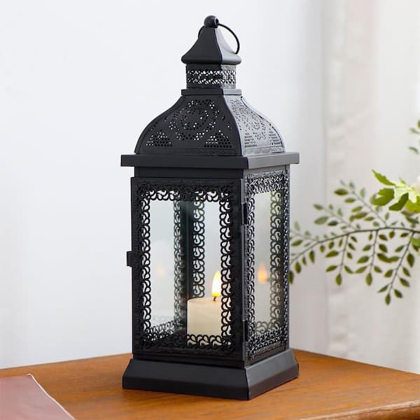 13 in. x 5 in. Black Metal Vintage Lantern without Candle