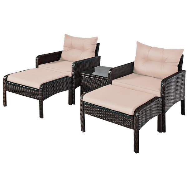 ANGELES HOME 5-Piece PE Wicker Patio Conversation Set Outdoor Sofa Ottoman Set with Beige Cushions