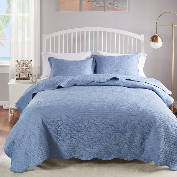 Greenland Home Fashions La Jolla 3-Piece Blue Solid Cotton Blend King/Cal King Quilt Set