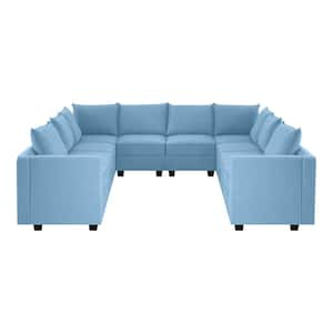 Contemporary 10 Seater Upholstered Sectional Sofa - Robin Egg Blue Linen