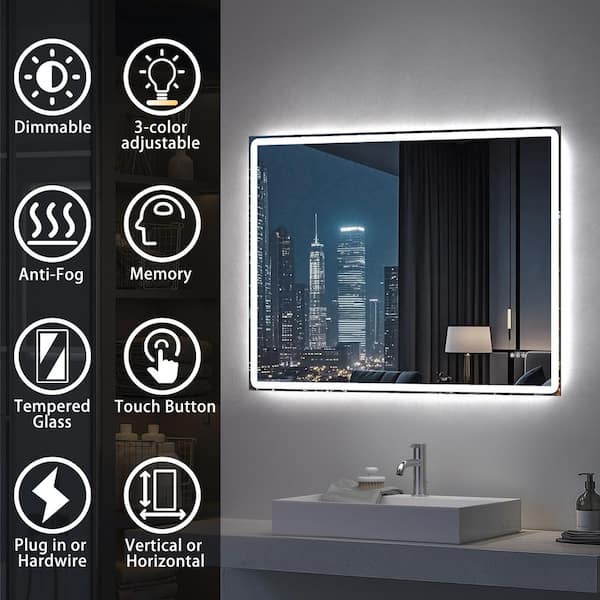 48 in. W x 36 in. H Modern Rectangular Frameless LED Front Lighted Anti-Fog Tempered Glass Wall Bathroom Vanity Mirror