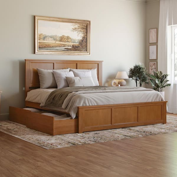 Madison Light Toffee Natural Bronze Solid Wood Frame King Platform Bed with Matching Footboard and Storage Drawers