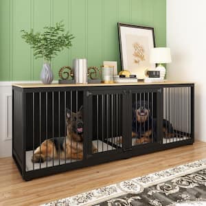 Extra Large Dog Crate Furniture for 2 Dogs, 94.5 in.Wooden Heavy-Duty Dog Crate Kennel with Divider for Dogs, Black