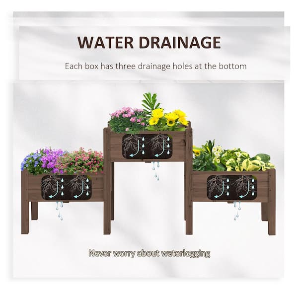 Unbranded - Coffee Raised Garden Bed with 3 Planter Box, Elevated Wooden Plant Stand with Drainage Holes for Vegetables, Flowers