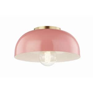 Avery 1-Light 11 in. W Aged Brass Semi-Flush Mount with Pink Metal Shade